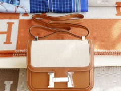 爱马仕 CK37金棕拼帆布 Constance24CM 空姐包 原厂Epsom&Swift皮 银扣 纯手工手缝工艺