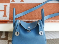 HERMES CC75牛仔蓝 银扣 迷你Lindy20CM 法国TC皮 H家老师傅纯手缝蜡线 琳迪包