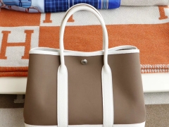 爱马仕 Garden Party 花园包30CM 纯白拼大象灰帆布 老师傅手工缝制