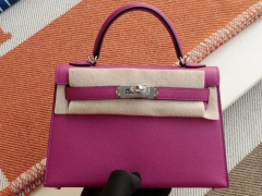 HERMES 3L玫瑰紫 银扣 Minikelly二代 原厂Epsom皮 迷你凯莉包 纯手缝蜡线缝制