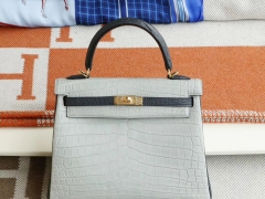 爱马仕 88珍珠灰拼CC88石墨灰 金扣 Kelly25CM 雾面鳄鱼 俩点 凯丽凯莉包 纯手缝蜡线
