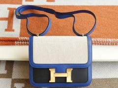 HERMES 希腊蓝拼黑色拼帆布 Constance19CM 空姐包 原厂皮料 金扣 纯手工手缝工艺