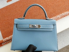 H家 CC75牛仔蓝 银扣 Minikelly二代 原厂Epsom皮 迷你凯莉包 纯手缝蜡线缝制