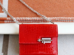HERMES Ck95法拉利红 Verrou 17CM 机枪包 插销包 Hcp亮面鳄鱼 老师傅顶级纯手工缝制