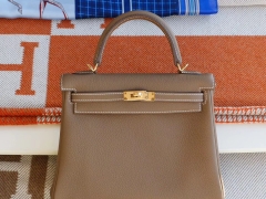 HERMES CK18大象灰 内缝 金扣 Kelly25CM 原厂Togo皮 凯丽凯莉包 纯手缝蜡线缝制