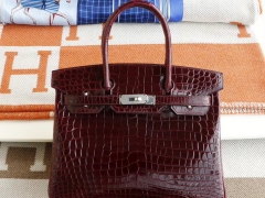 Hermes CK57波尔多酒红 银扣 Birkin30CM 亮面鳄鱼 总监纯手缝蜡线缝制 铂金包