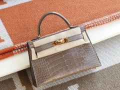 爱马仕 Ck81斑鸠灰 金扣 Minikelly二代 Hcp亮面鳄鱼 迷你凯莉包 纯手缝蜡线缝制