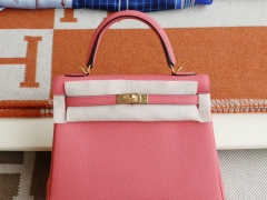 HERMES 8W唇膏粉 内缝 金扣 Kelly25CM 原厂Togo皮 凯丽凯莉包 纯手缝蜡线缝制工艺