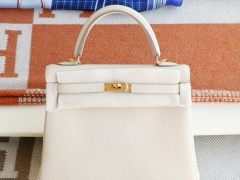 HERMES CC10奶昔白 内缝 金扣 Kelly25CM 原厂Togo皮 凯丽凯莉包 纯手缝蜡线