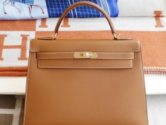 爱马仕 CC37金棕 金扣 外缝 Kelly35CM 原厂Epsom皮 凯丽凯莉包 纯手缝蜡线缝制