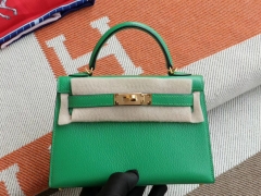 H家 1K竹子绿 金扣 Minikelly二代 原厂山羊皮皮 迷你凯莉包 纯手缝蜡线缝制
