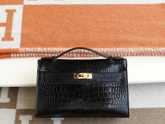 HERMES CC89黑色 金扣 Minikelly一代 亮面鳄鱼 迷你凯莉包 纯手缝蜡线缝制工艺