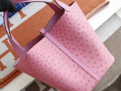HERMES 1Q奶昔粉 银扣 Picotin Lock 菜篮子22CM 南非鸵鸟皮拼swift皮 纯手缝手工缝制工艺