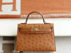 HERMES Ck37金棕 金扣 Minikelly二代 南非鸵鸟皮 迷你凯莉包 纯手缝蜡线缝制