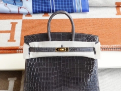 爱马仕 88 Graphite 铅笔灰/石墨灰 Birkin25CM 铂金包 亮面鳄鱼 金扣 纯手工手缝工艺