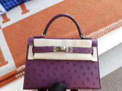 爱马仕 P9海葵紫 银扣 Minikelly二代 南非Kk鸵鸟皮 迷你凯莉包 纯手缝蜡线缝制