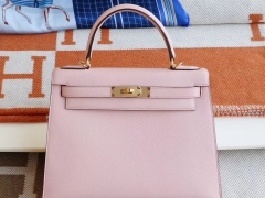 爱马仕 1Q奶昔粉 金扣 外缝 Kelly28CM 原厂Epsom皮 凯丽凯莉包 纯手缝蜡线缝制