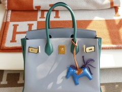 HERMES 8U冰川蓝拼Z6孔雀绿 金扣 Birkin30CM 铂金包 法国进口TC牛皮 老师傅全手缝蜡线