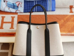 爱马仕 黑色拼帆布 garden Party花园包30CM 专柜御用Nagonda皮老师傅纯手工缝制