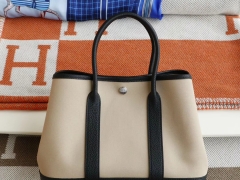 爱马仕 Garden Party 花园包30CM 黑色拼S2风衣灰 老师傅手工缝制