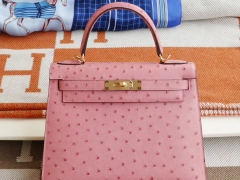 Hermes 1Q奶昔粉 外缝 金扣 Kelly28CM 南非鸵鸟皮 凯丽凯莉包 纯手缝蜡线缝制