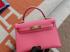HERMES E5桃红 金扣 Minikelly二代 原厂Epsom皮 迷你凯莉包 纯手缝蜡线缝制