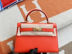 爱马仕 9J火焰橙 金扣 Minikelly二代 原厂山羊皮皮 迷你凯莉包 纯手缝蜡线缝制