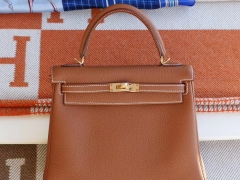 H家 CK37金棕 内缝 金扣 Kelly25CM 原厂Togo皮 凯丽凯莉包 纯手缝蜡线缝制