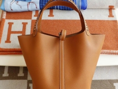 HERMES CK37金棕 银扣 Picotin Lock菜篮子22CM 原厂Epsom皮 编织肩带 纯手缝手工缝制