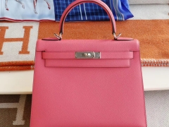 爱马仕 8W唇膏粉 外缝 银扣 Kelly28CM 原厂Epsom皮 凯丽凯莉包 纯手缝蜡线缝制
