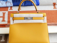 HERMES 9D琥珀黄 银扣 外缝 Kelly28CM 原厂Epsom皮 凯丽凯莉包 纯手缝蜡线缝制