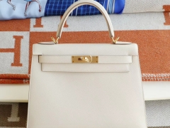 CC10奶昔白 金扣 外缝 Kelly28CM 原厂Epsom皮 凯丽凯莉包 纯手缝蜡线缝制工艺！