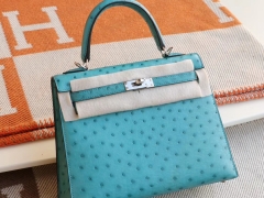 HERMES 7B松石蓝 银扣 外缝 Kelly25CM 南非kk鸵鸟皮 凯丽凯莉包 纯手缝蜡线缝制