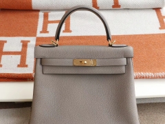 HERMES 内缝 M8沥青灰 金扣 Kelly25CM 法国原厂togo皮 凯丽凯莉包 纯手缝蜡线缝制工艺