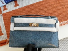 H家 1P鸭子蓝 金扣 Minikelly一代 亮面鳄鱼 迷你凯莉包 纯手缝蜡线缝制