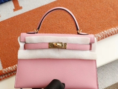 Hermes 1Q奶昔粉 金扣 Minikelly二代 原厂Epsom皮 迷你凯莉包 纯手缝蜡线缝制