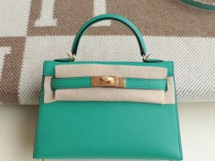 HERMES 4U丝绒绿 Minikelly二代 原厂山羊皮皮 迷你凯莉包 纯手缝蜡线缝制