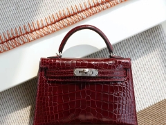 HERMES CK57波尔多酒红 Minikelly二代 专柜御用Hcp美洲亮面鳄鱼 迷你凯莉包 纯手缝蜡线缝制