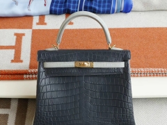 爱马仕 CC88石墨灰拼88珍珠灰 金扣 Kelly25CM 雾面鳄鱼 俩点马蹄印 凯丽凯莉包 纯手缝蜡线