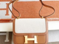 爱马仕 CK37金棕拼帆布 金扣 Constance24CM 空姐包 原厂Epsom&Swift皮 银扣 纯手工手缝工艺