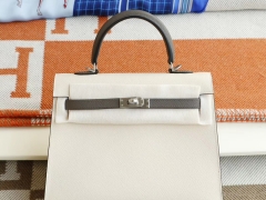 H家 CC10奶昔白拼8F锡器灰 银扣 Kelly25CM 原厂Epsom皮 凯丽凯莉包 纯手缝蜡线缝制工艺
