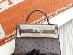 爱马仕 v6慕斯灰 银扣 Minikelly二代 南非kk鸵鸟皮 迷你凯莉包 纯手缝蜡线缝制