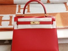 爱马仕 专柜最新色 S3心红色金扣 Kelly28CM 原厂Epsom皮 凯丽凯莉包 纯手缝蜡线缝制