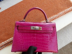 爱马仕 J5天方夜谭紫桃红紫 minikelly二代 Hcp亮面鳄鱼 迷你凯莉包 纯手缝蜡线缝制