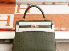 爱马仕 外缝 6V丛林绿 金扣 Kelly28CM 南非鸵鸟皮 凯丽凯莉包 纯手缝蜡线缝制