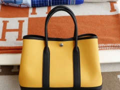 HERMES Garden Party 花园包30CM 黑色拼9D琥珀黄 老师傅手工缝制