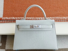 HERMES 80珍珠灰 银扣 Minikelly二代 雾面鳄鱼迷你凯莉包 纯手缝蜡线缝制工艺