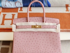 爱马仕 94陶瓷粉 Birkin30CM 铂金包 南非KK鸵鸟皮 老师傅全手缝 金扣