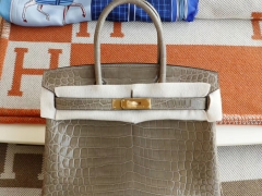 爱马仕 Ck81斑鸠灰 Birkin30CM 铂金包 亮面鳄鱼 金扣 俩点 纯手工手缝工艺制作