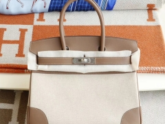 爱马仕 CC81斑鸠灰拼帆布 Birkin30CM 法国Swift小牛皮 纯手缝蜡线缝制工艺